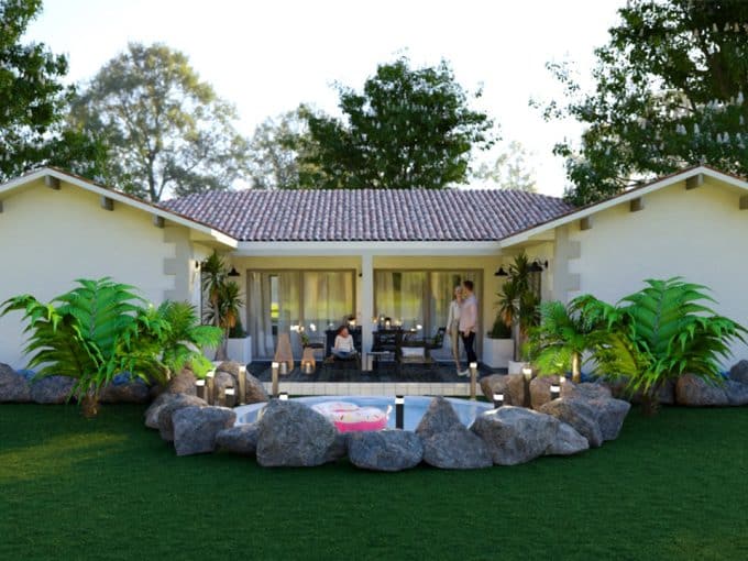 Maison moderne en H avec terrasse couverte et piscine