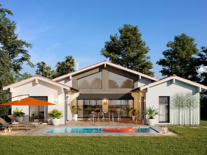 Maison moderne en H avec terrasse couverte et piscine