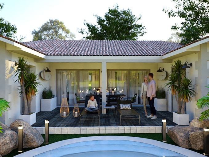 Maison en H avec terrasse et piscine au centre
