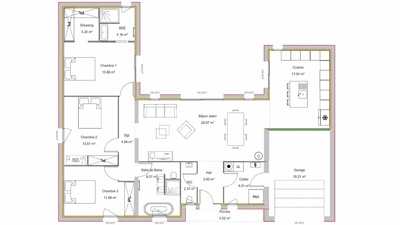 Plan maison 3 chambres avec garage