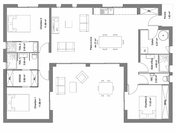 Plan de maison en U avec 3 chambres