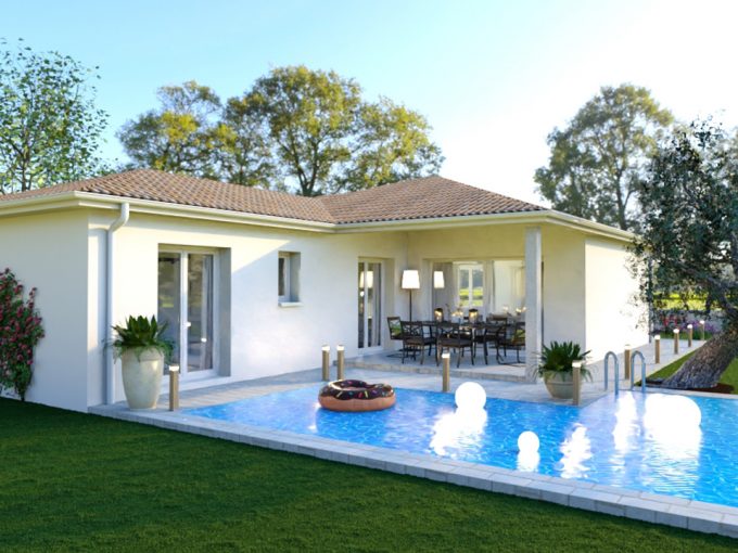 Maison moderne avec terrasse couverte et piscine