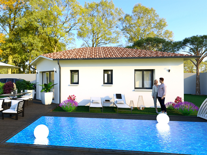 Maison moderne avec terrasse bois et piscine