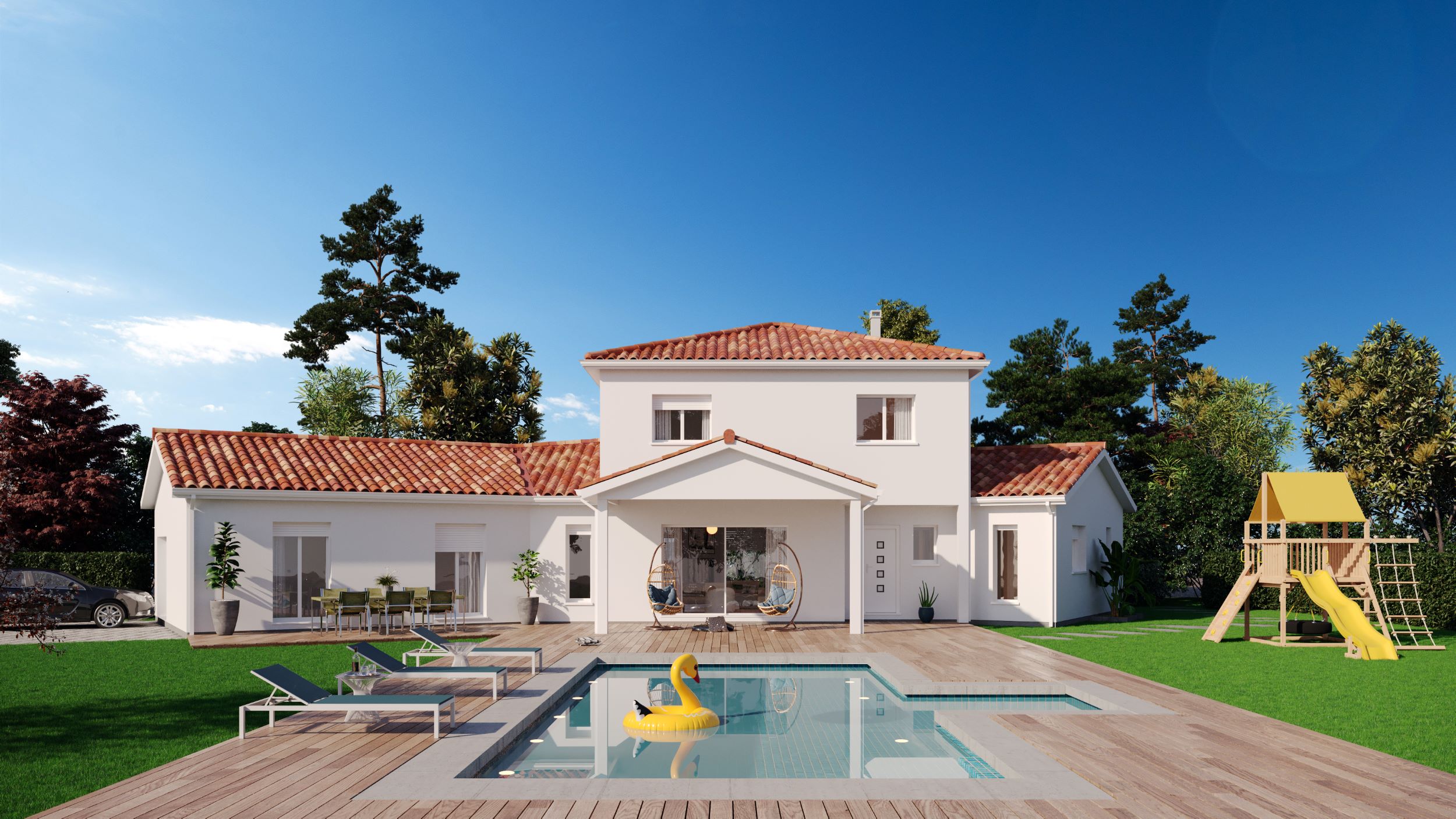 Maison à étage avec garage et une piscine