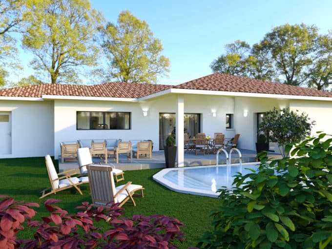 Maison de plain pied avec terrasse couverte et piscine