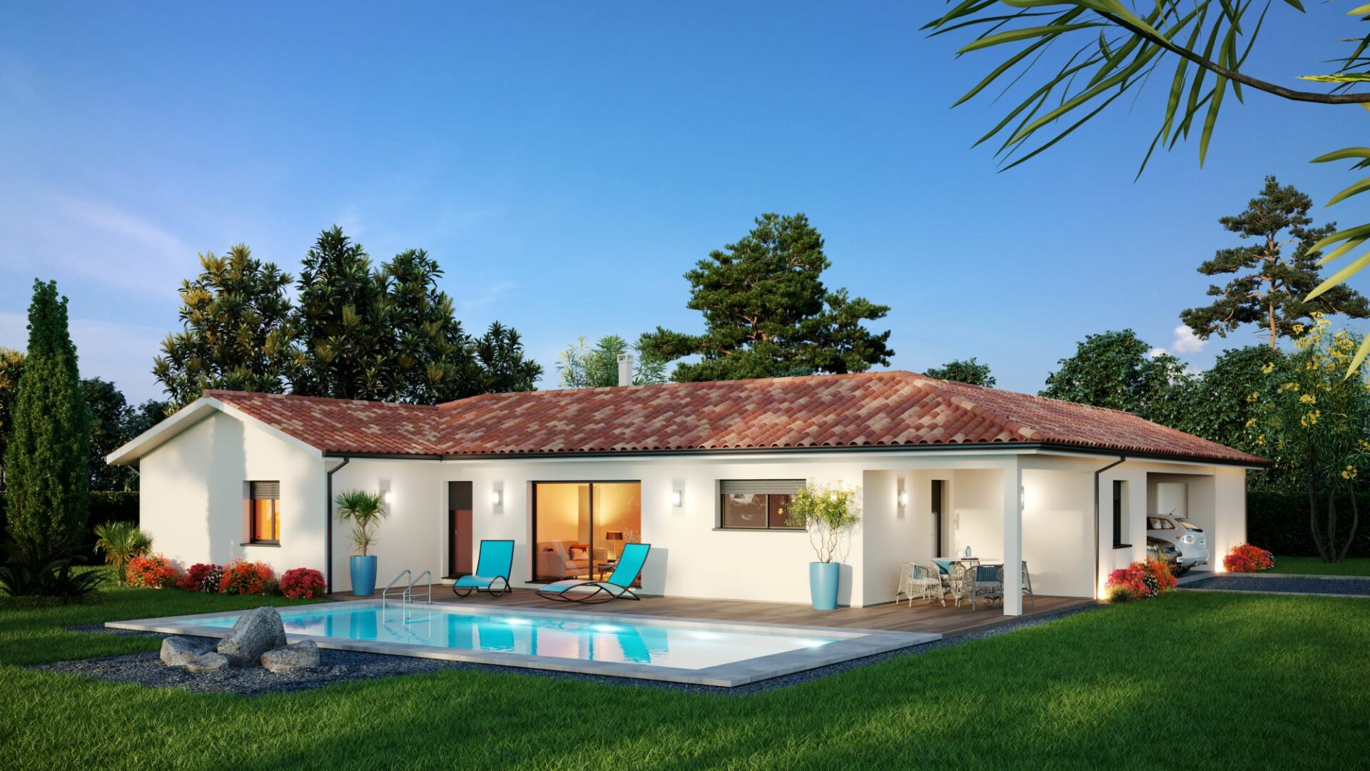 Maison en L avec terrasse couverte et piscine