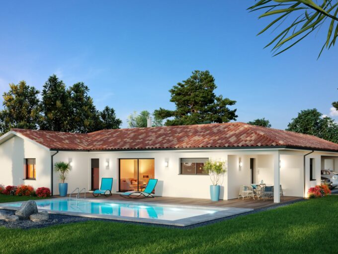 Maison en L avec terrasse couverte et piscine