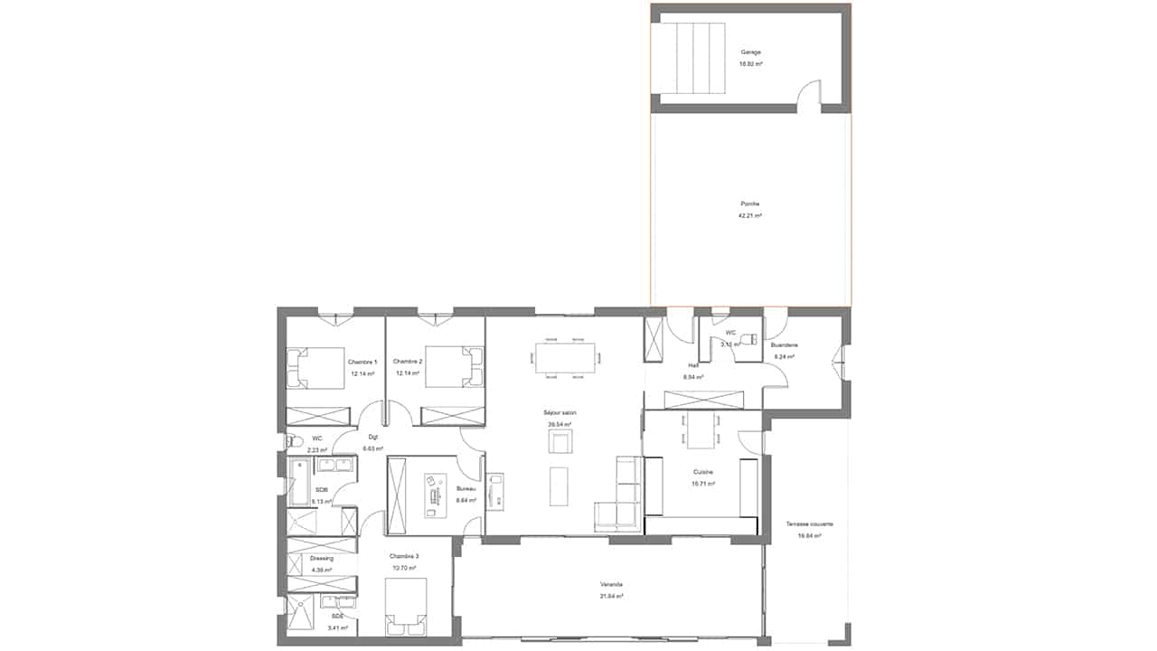Plan maison de 3 chambres avec garage et un bureau