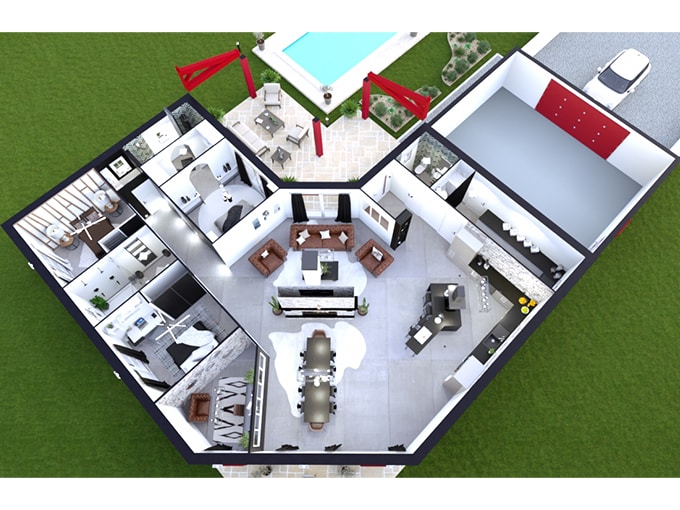 Plan de maison familiale avec 3 chambres et un garage