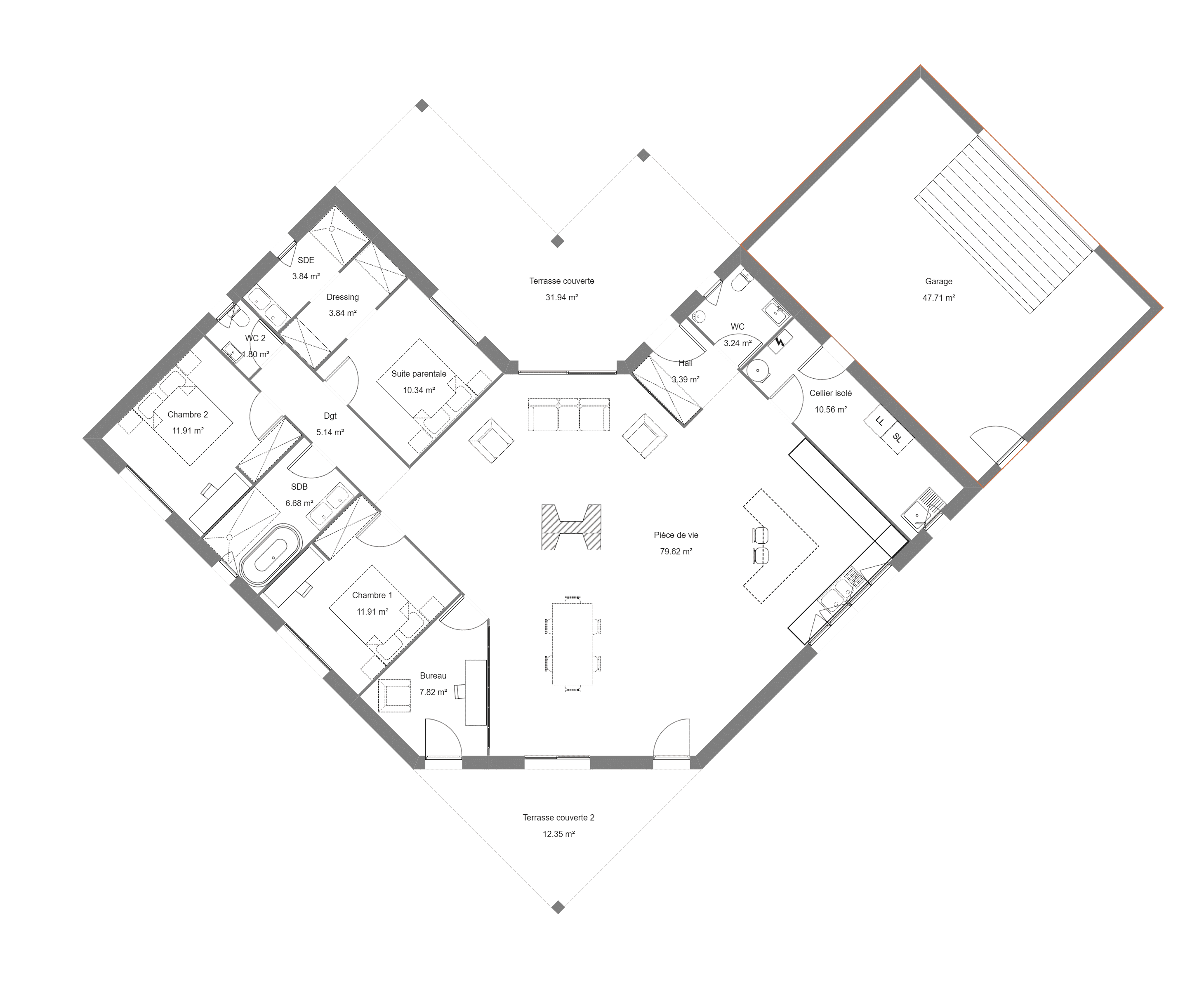 Plan de maison moderne en V avec 3 chambres
