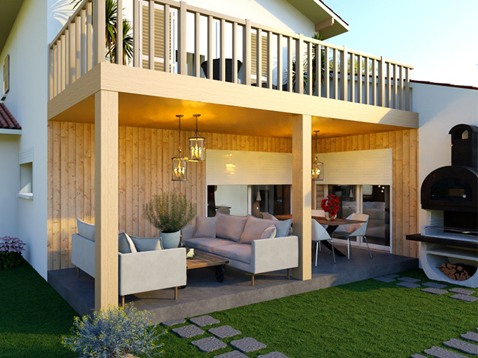 Terrasse couverte avec salon de jardin et balcon en bois
