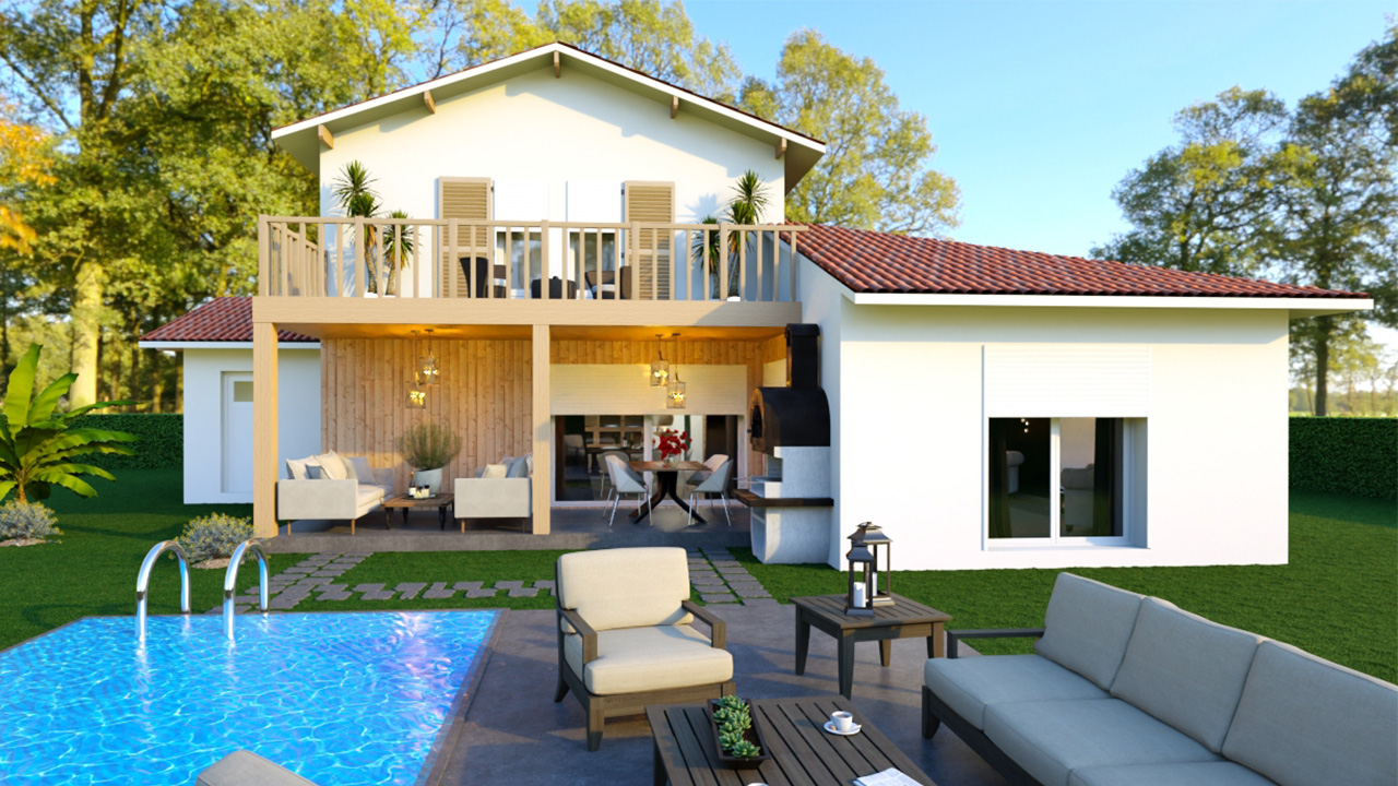 Terrasse et balcon d'une maison à étage avec piscine