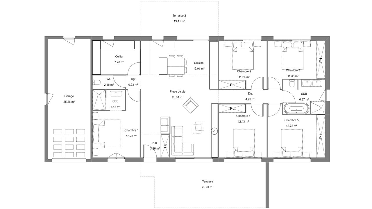 Plan d'une maison de plain pied avec 5 chambres et un garage