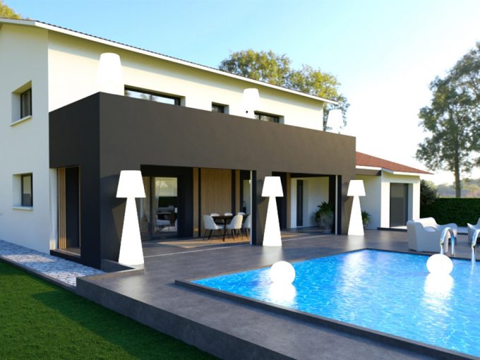 Maison à étage avec terrasse couverte et piscine