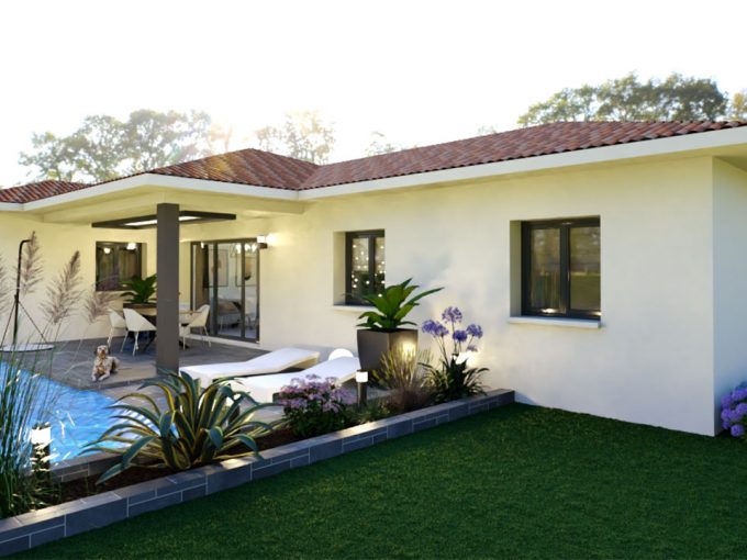 Maison en L avec une terrasse couverte et une piscine