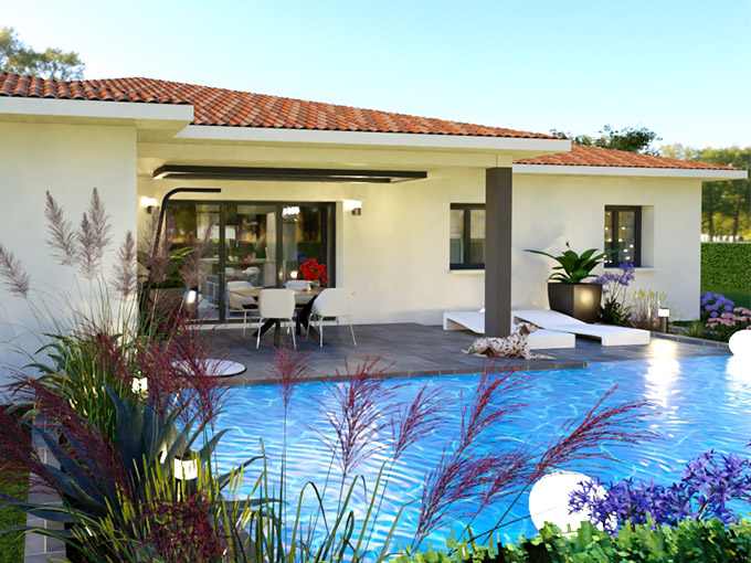 Terrasse couverte et piscine d'une maison