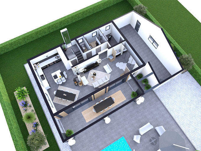 Plan axonométrique d'une maison à étage avec une piscine et un garage