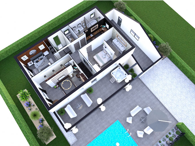 Plan axonométrique d'une maison avec terrasse couverte et un balcon accessible