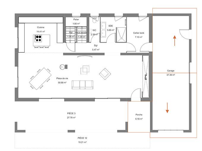 Plan d'une maison à étage avec 3 chambres et un garage