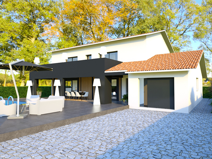 Perspective d'une maison à étage avec garage et piscine