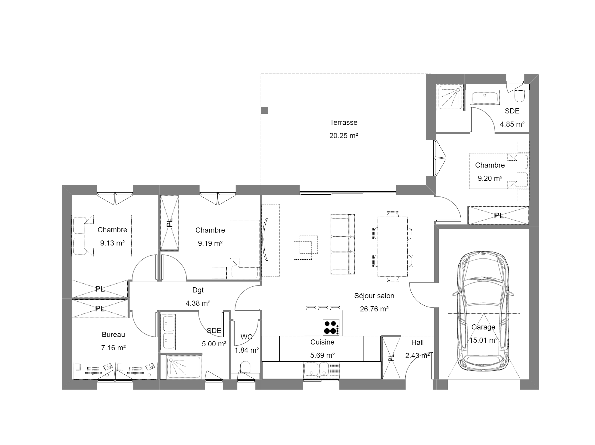 Plan d'une maison avec 3 chambres, un bureau et un garage