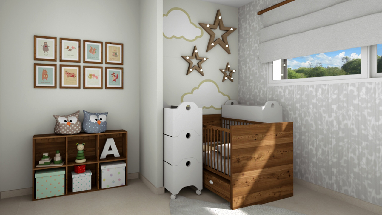 Chambre d'enfants avec décoration douce et lit à barreaux