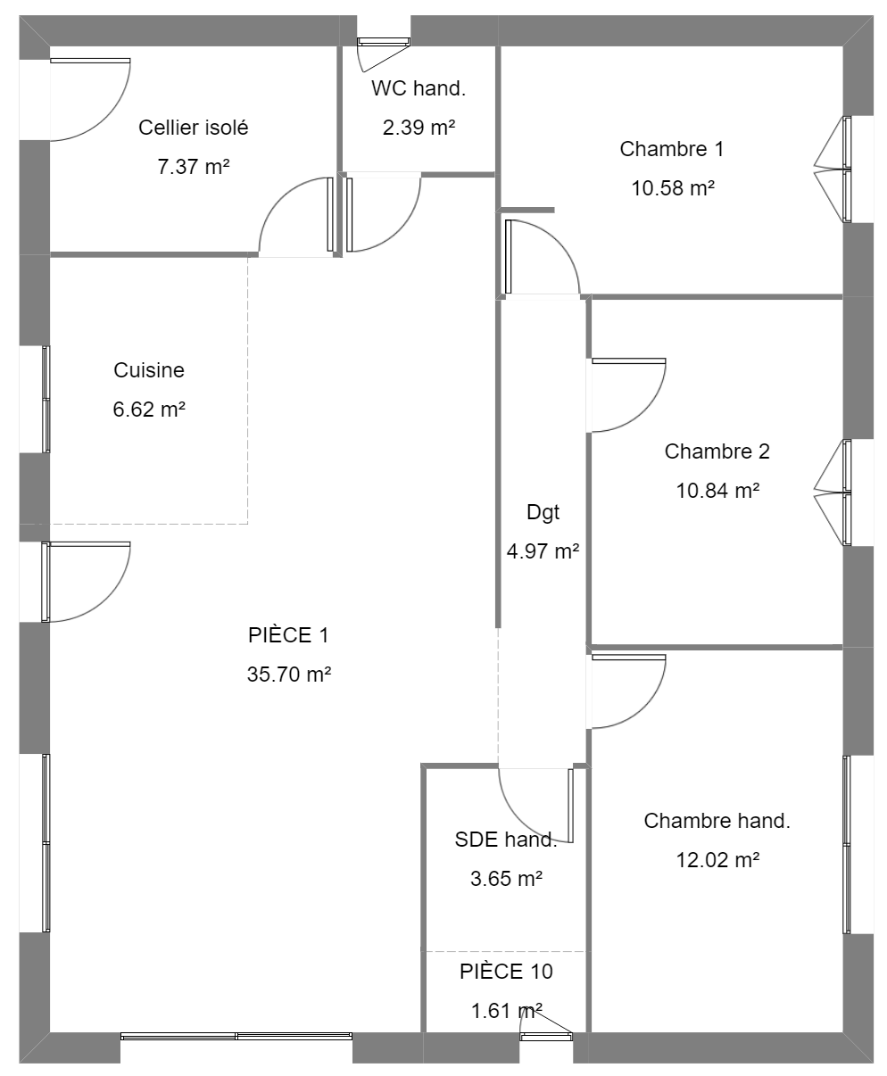 Plan d'une maison répondant aux normes PMR avec 3 chambres