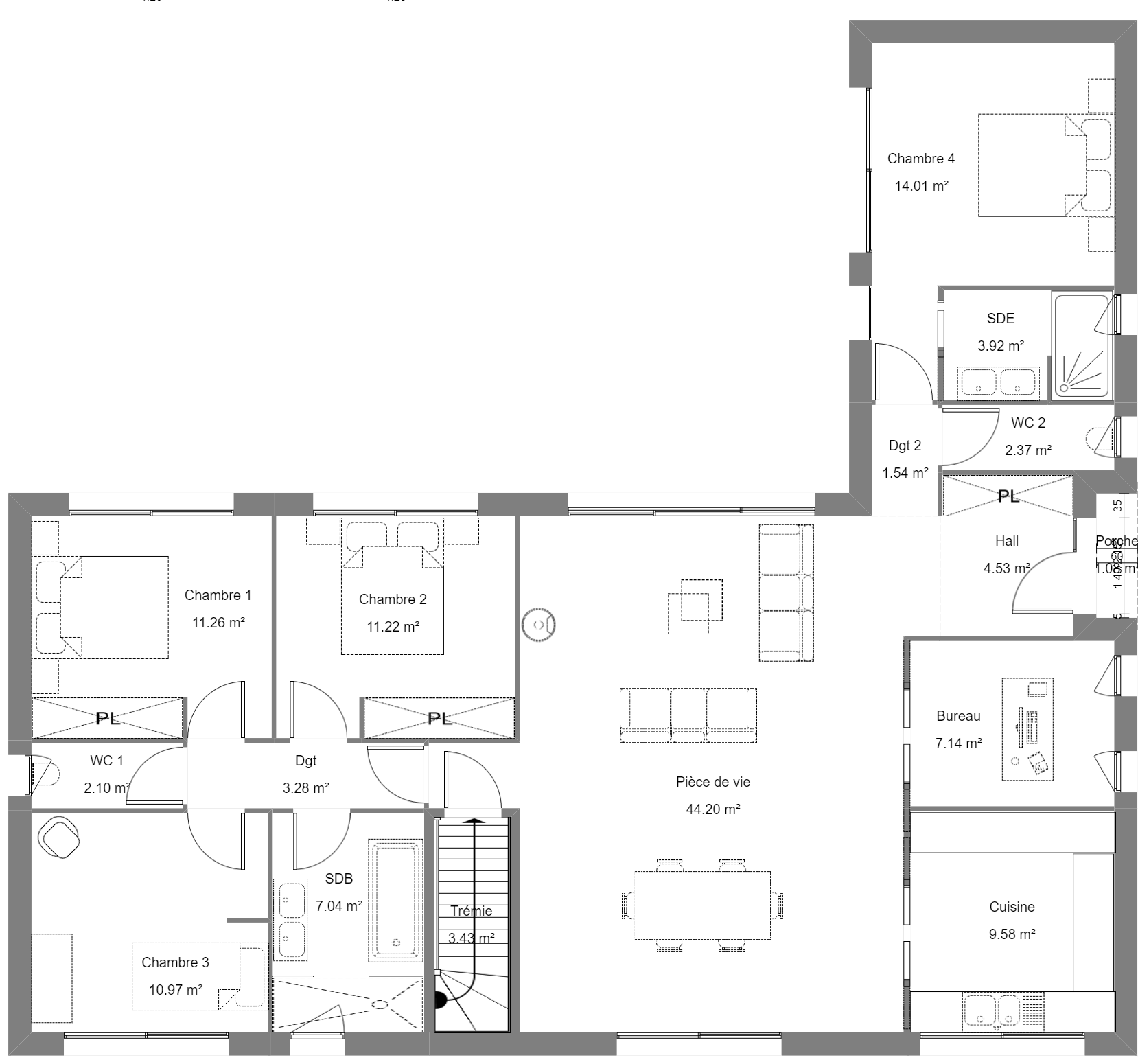 Plan d'une maison avec sous-sol, 4 chambres et un bureau