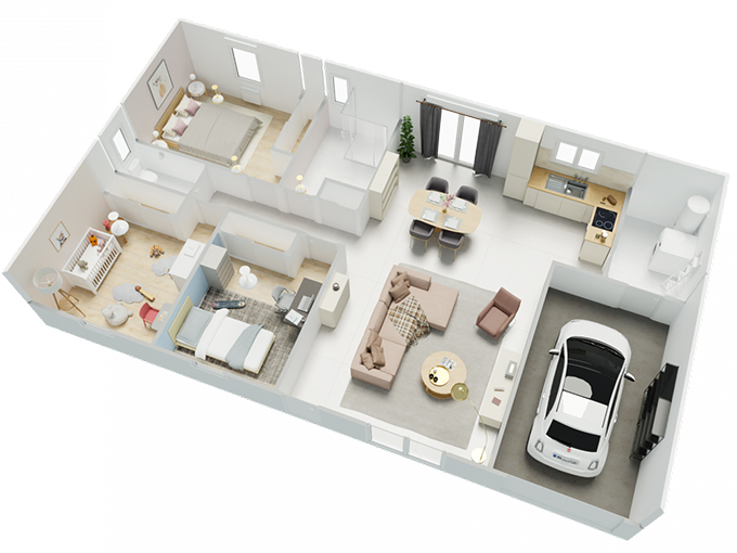 Plan d'une maison de plain pied avec 3 chambres et un garage