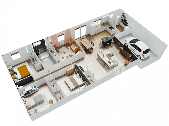 Plan d'une maison 4 chambres avec un garage et un cellier