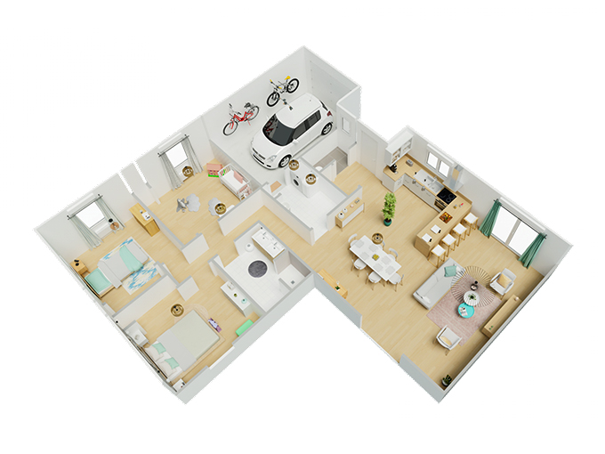 Plan d'une maison en L avec 3 chambres et un garage