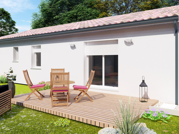 Maison de plain-pied avec terrasse bois et salon de jardin