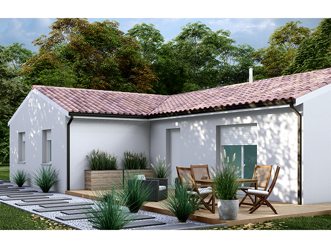 Maison en L de plain-pied avec terrasse en bois et salon de jardin