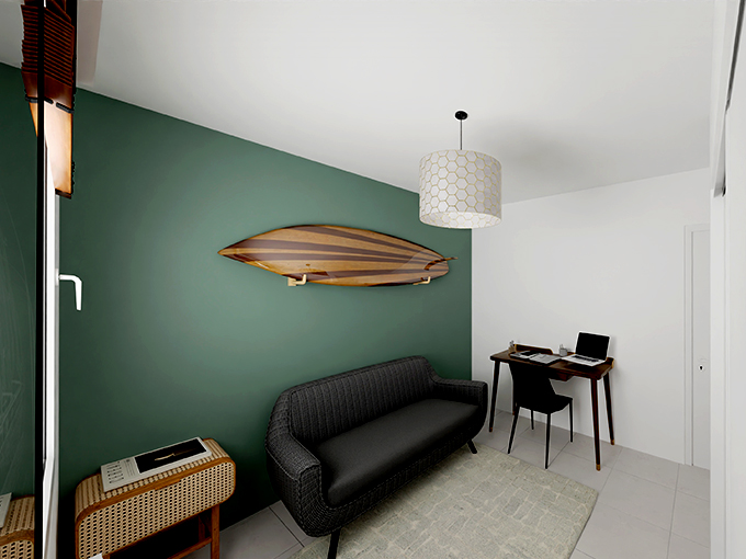 Bureau d'une maison de plain-pied avec canapé et surf en décoration