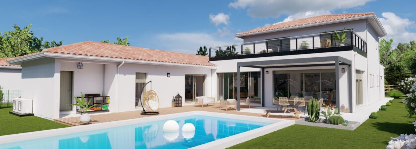 Maison contemporaine à étage dans les Landes avec piscine