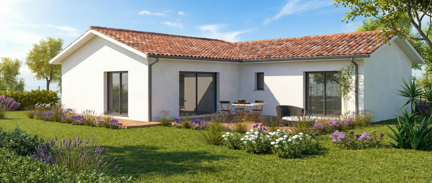 Maison neuve en forme de L avec terrasse en bois et menuiseries grises
