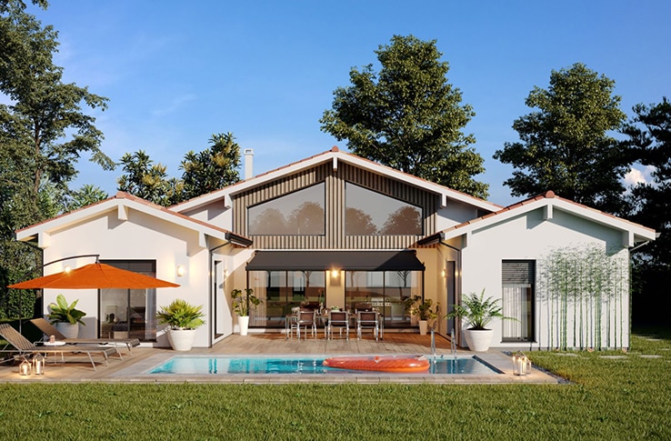 Plan d'une maison de plain pied avec grandes baies vitrées dans les Landes