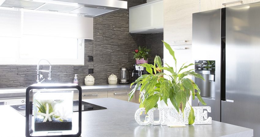 Cuisine moderne avec un îlot central et des pierres apparentes au mur